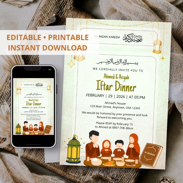Convites Watercolor Lantern & Quran Night Design Iftar (Criador carregado)