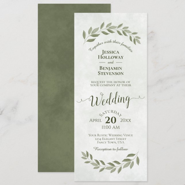 Convites Watercolor Laurel Deixa Casamento Verde Sage (Frente/Verso)