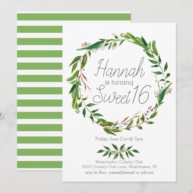 Convites Watercolor Laurel Wreath Sweet Six Invance (Frente/Verso)