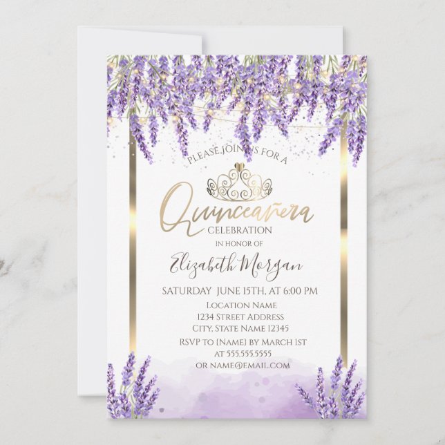 Convites Watercolor Lavanda,String Lights Quinceanera (Frente)