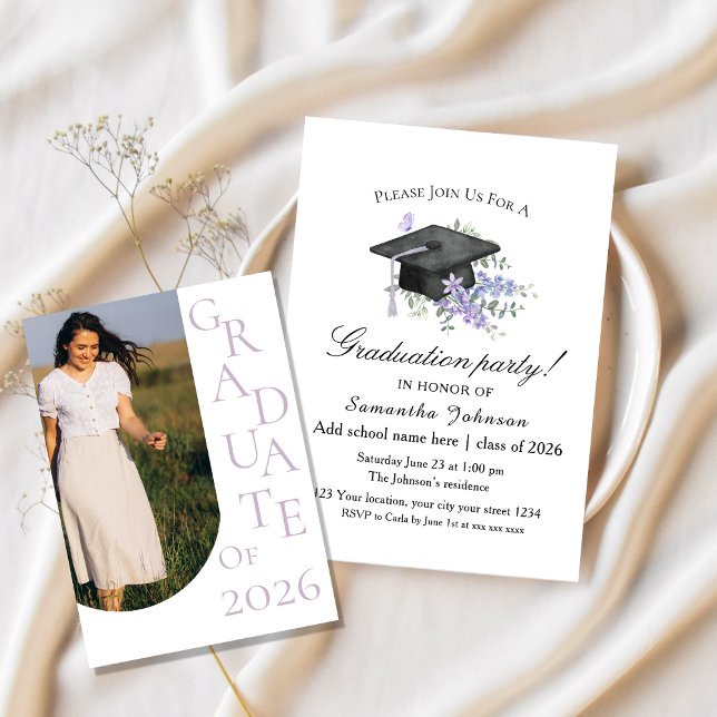 Convites Watercolor Lavender  Purple Floral Graduation  (Criador carregado)