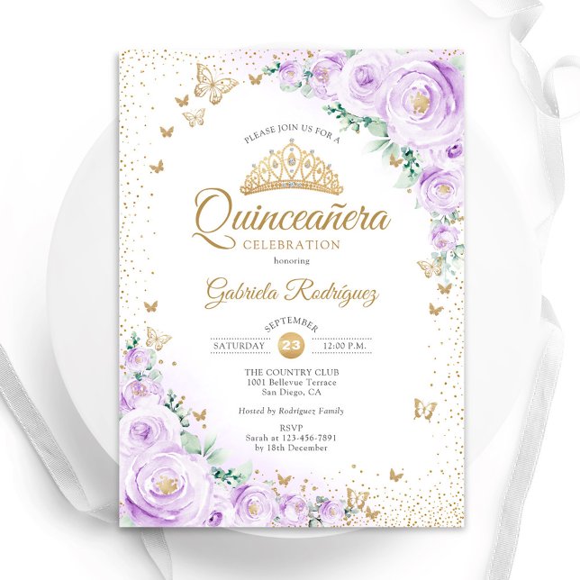 Convites Watercolor Lavender Purple Floral Quinceanera (Criador carregado)