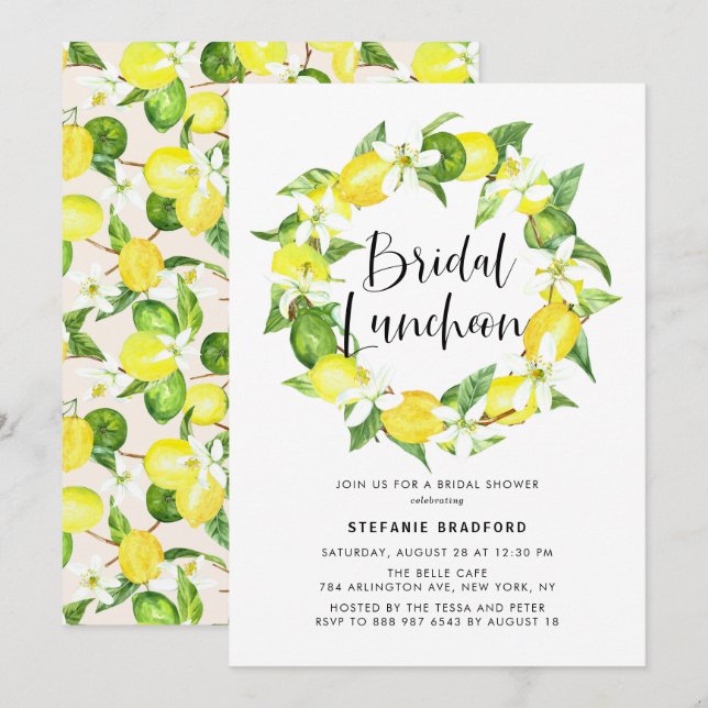 Convites Watercolor Lemon Blossom Wreath Bridal Lunchee (Frente/Verso)