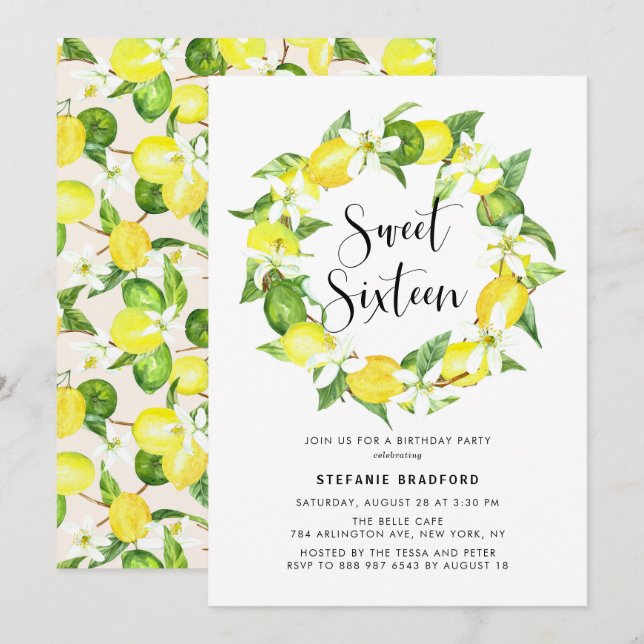Convites Watercolor Lemon Blossom Wreath Sweet 16 Party (Frente/Verso)