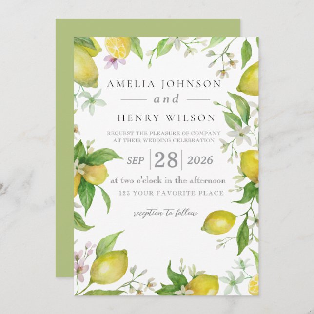 Convites Watercolor Lemon Citrus Fruta Invitation (Frente/Verso)
