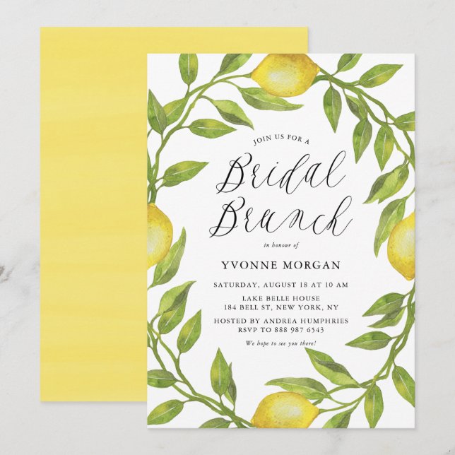 Convites Watercolor Lemon Greenery Wreath Bridal Brunch (Frente/Verso)