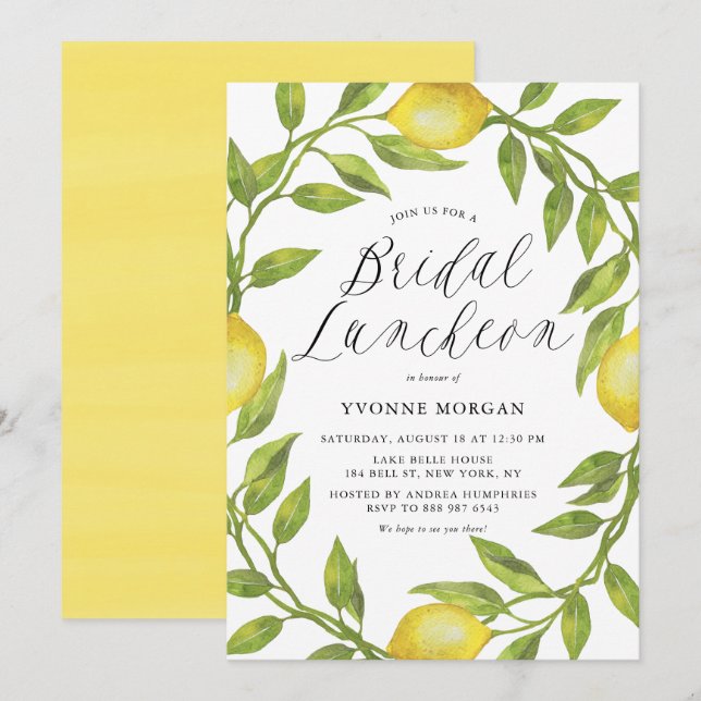 Convites Watercolor Lemon Greenery Wreath Bridal Luncheon (Frente/Verso)