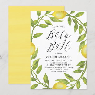Convites Watercolor Lemon Greenery Wreath Chá de fraldas B