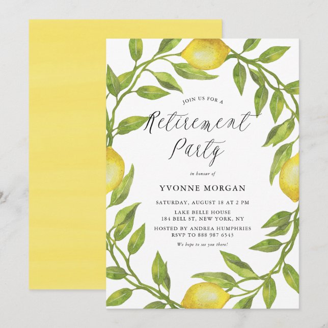 Convites Watercolor Lemon Greenery Wreath Party (Frente/Verso)