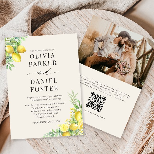 Convites Watercolor Lemon QR Code Photo Wedding (Criador carregado)