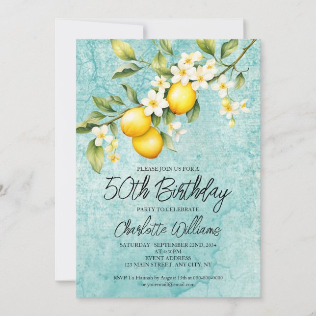 Convites Watercolor Lemon Themed 50th Birthday (Frente)