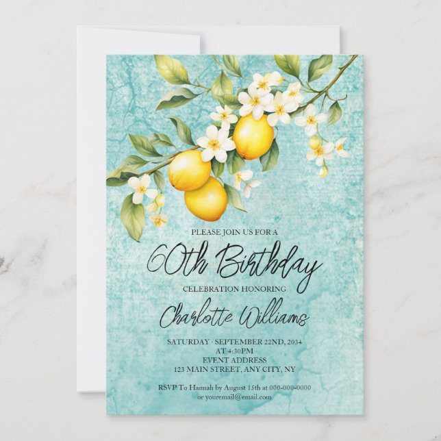 Convites Watercolor Lemon Themed 60th Birthday (Frente)
