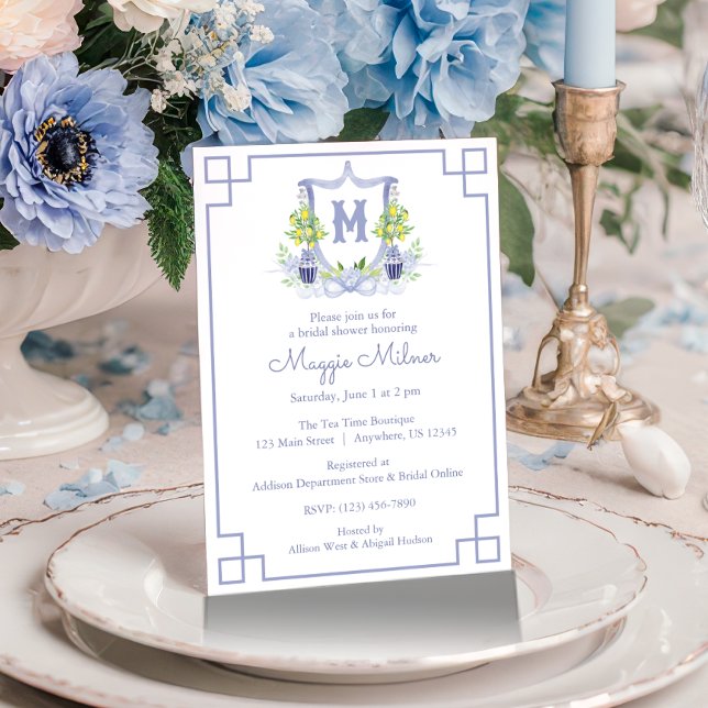 Convites Watercolor Lemon Tree Monogram Crest (Criador carregado)