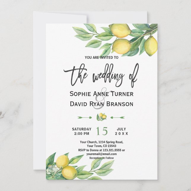 Convites Watercolor Lemon Tropical Hand Lettering Casamento (Frente)