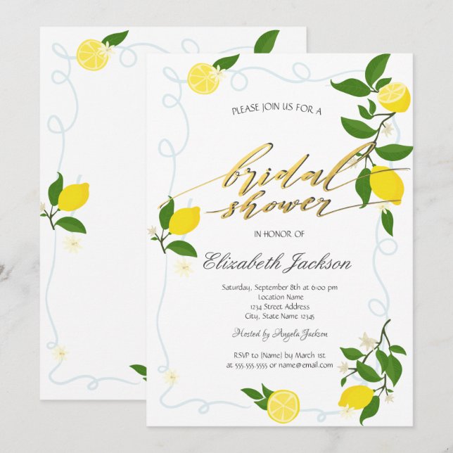 Convites Watercolor Lemons Frame Bridal Shower  (Frente/Verso)