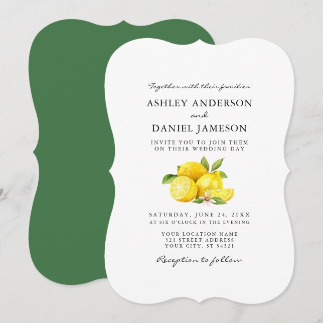Convites Watercolor Lemons Greenery Casamento GB (Frente/Verso)