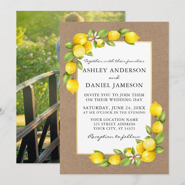Convites Watercolor Lemons Greenery Foto Kraft Wedding (Frente/Verso)