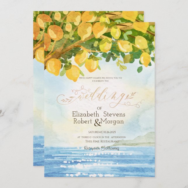 Convites Watercolor Lemons Ocean Wedding (Frente/Verso)