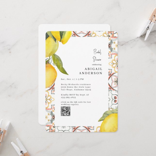 Convites Watercolor Lemons Rounded Bridal Shower  (Frente/Verso In Situ)