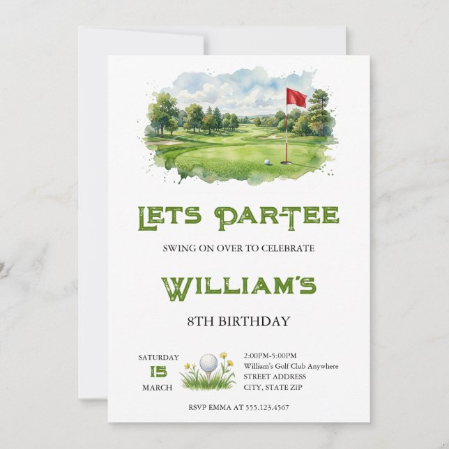 Convites Watercolor Lets Par-Tee Golf Course Birthday (Frente)