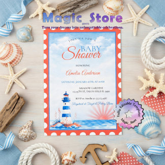 Convites Watercolor Lighthouse Nautical Ocean Sunset Stamp