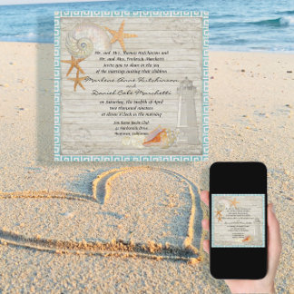 Convites Watercolor Lighthouse Shells Beach Cottage Wedding