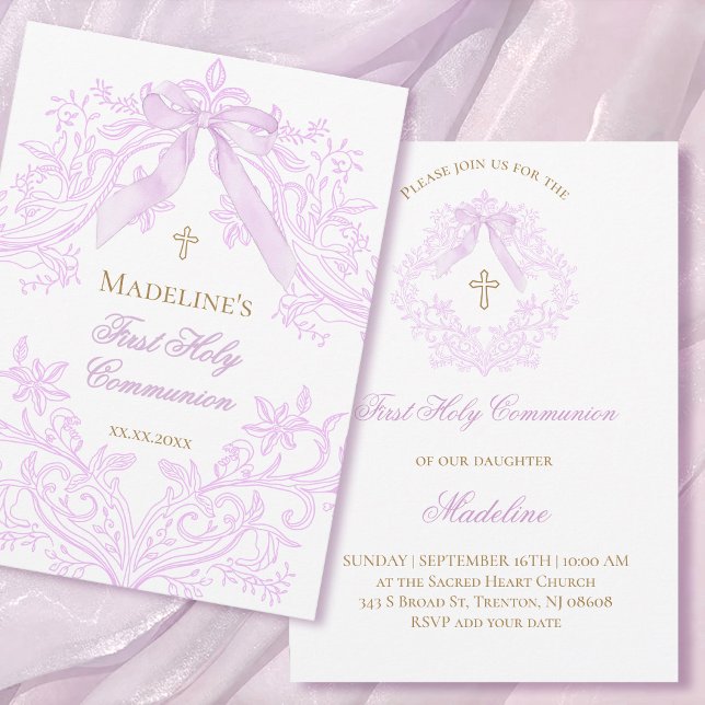 Convites watercolor lilac crest First Holy Communion (Criador carregado)