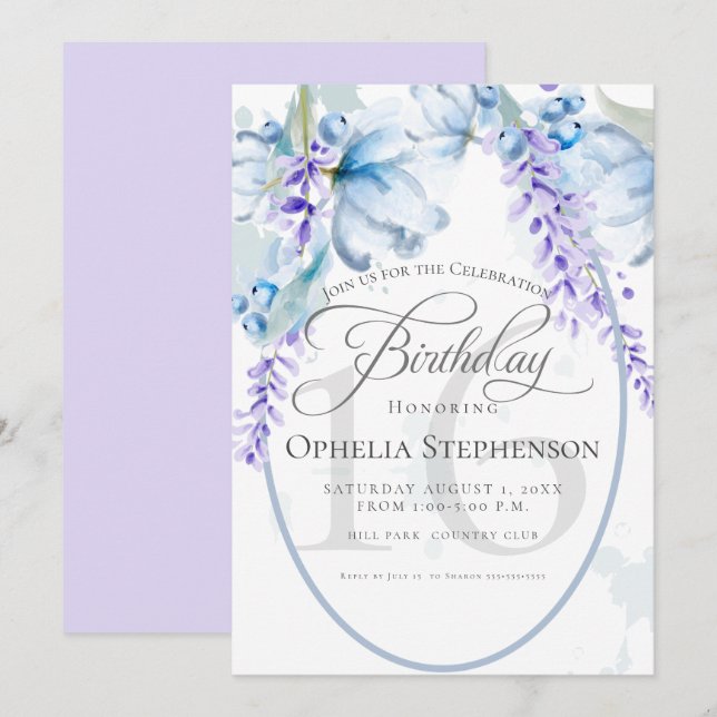 Convites Watercolor Lilac-Dusty Blue Milestone Aniversário (Frente/Verso)