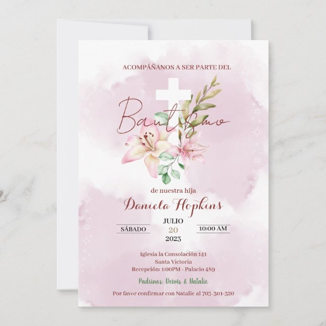 Convites Watercolor lily baptism invitation (Frente)