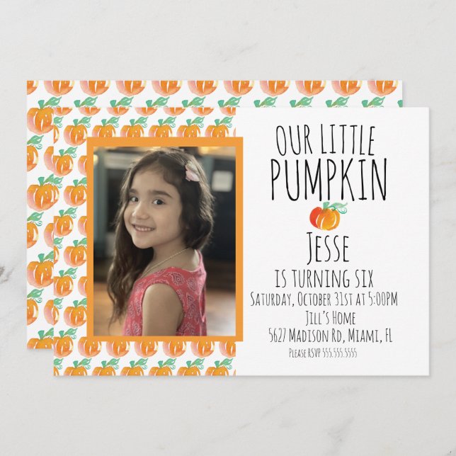 Convites Watercolor Little Halloween Pumpkin Foto (Frente/Verso)