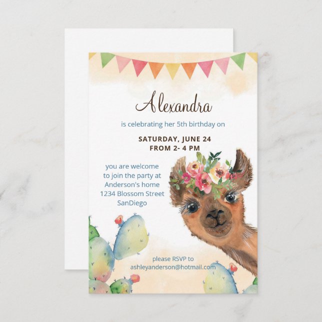 Convites Watercolor Llama Birthday (Frente/Verso)