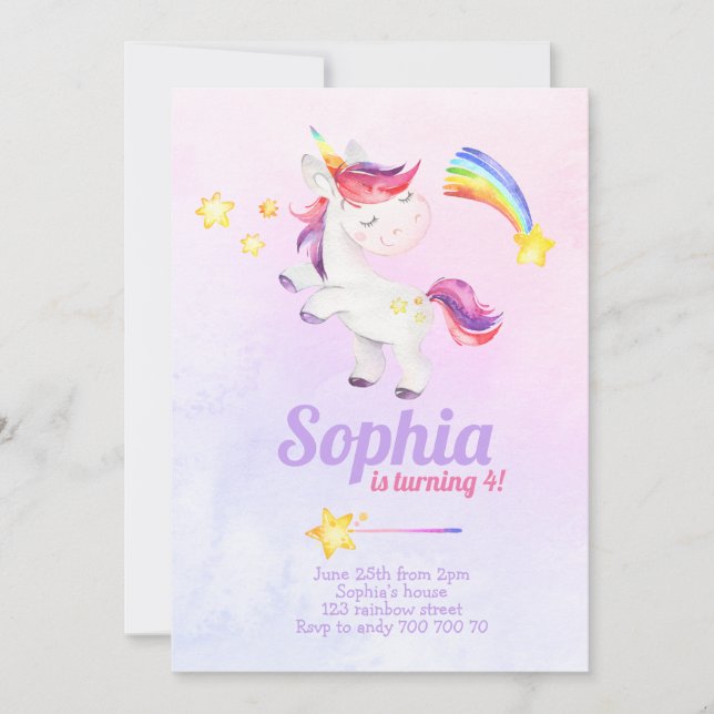 Convites Watercolor Magical Unicorn Rainbow Pastel Birthday (Frente)