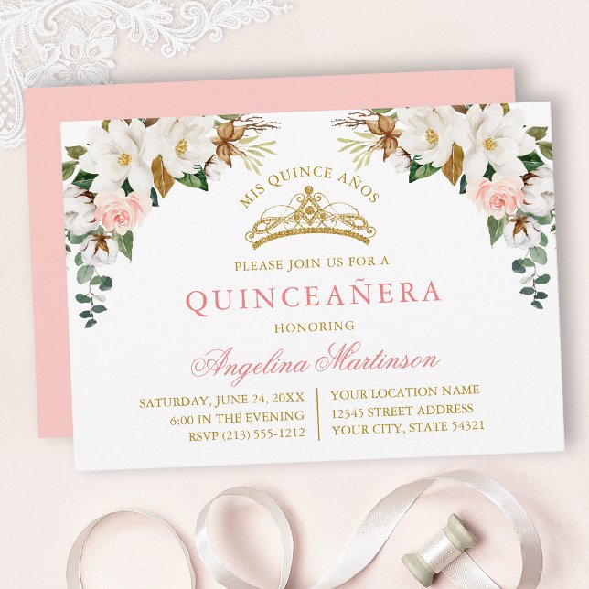 Convites Watercolor Magnolias Pink Roses Gold Quinceanera (Customize to change text color, text style or color of back of card.)