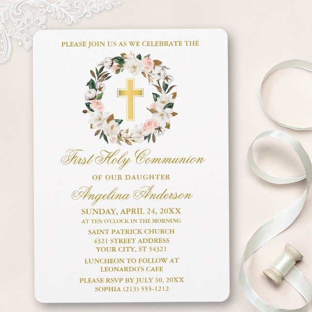Convites Watercolor Magnolias Rosa Wreath Comunidade Dourad (Customize to change text color, size, style or to add photos or more text to back of card.)