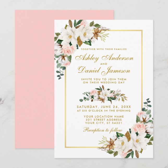 Convites Watercolor Magnolias Rosas Floral Casamento Dourad (Frente/Verso)