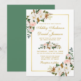 Convites Watercolor Magnolias Rosas Floral Dourado Casament