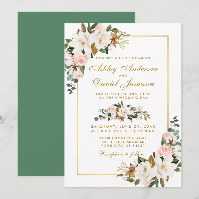 Convites Watercolor Magnolias Rosas Floral Dourado Casament (Frente/Verso)