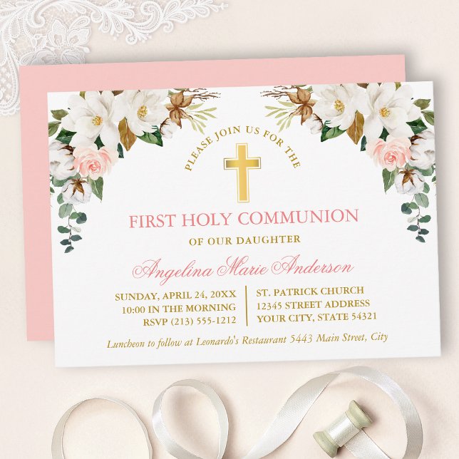 Convites Watercolor Magnolias Roses Gold Communion (Customize to change text color, text style or color of back of card.)