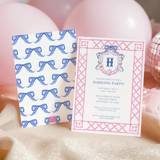 Convites Watercolor Mahjong Monogram Crest Bamboo Party (Criador carregado)