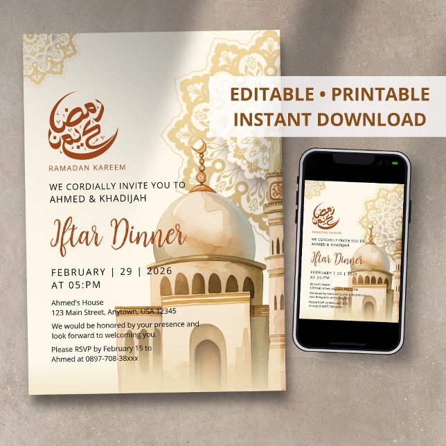 Convites Watercolor Mandala Mosque Ramadan Iftar Invitation (Criador carregado)