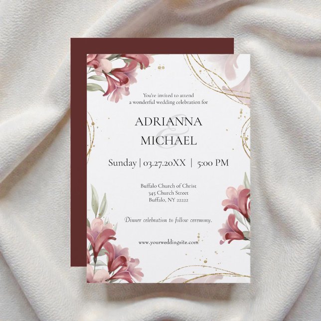 Convites Watercolor Maroon Floral Wedding Invitation (Criador carregado)