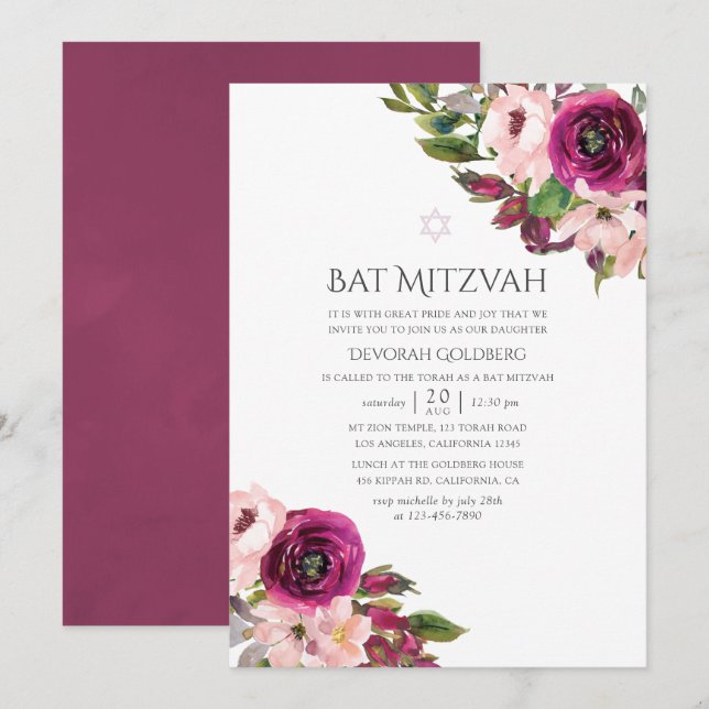 Convites Watercolor Marsala e Blush Floral Bat Mitzvah (Frente/Verso)