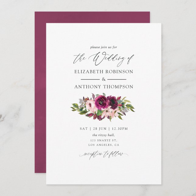 Convites Watercolor Marsala e Blush Floral Wedding (Frente/Verso)