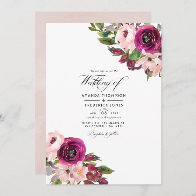Convites Watercolor Marsala e Blush Floral Wedding (Frente/Verso)