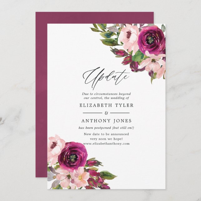 Convites Watercolor Marsala e Blush Floral Wedding Update (Frente/Verso)