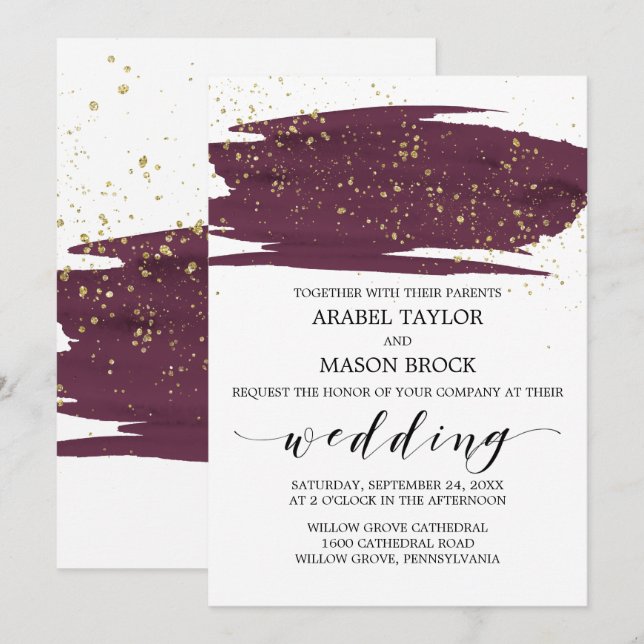 Convites Watercolor Marsala e Casamento Sparkle Dourado (Frente/Verso)