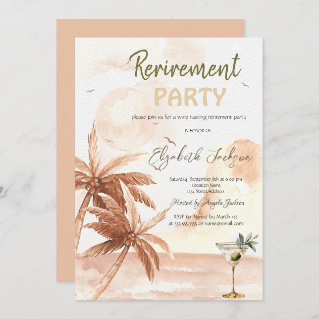 Convites Watercolor Martini Glass Rustic Palms Retirement  (Frente/Verso)