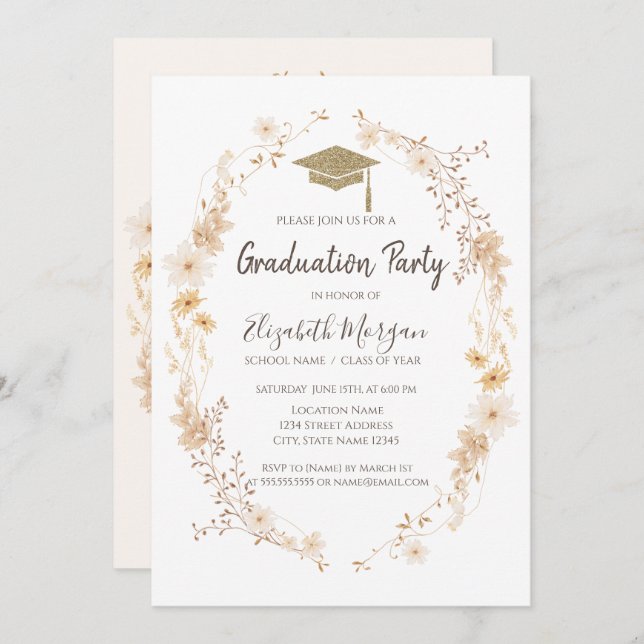 Convites Watercolor Meadow Flowers Glitter Cap Graduation  (Frente/Verso)