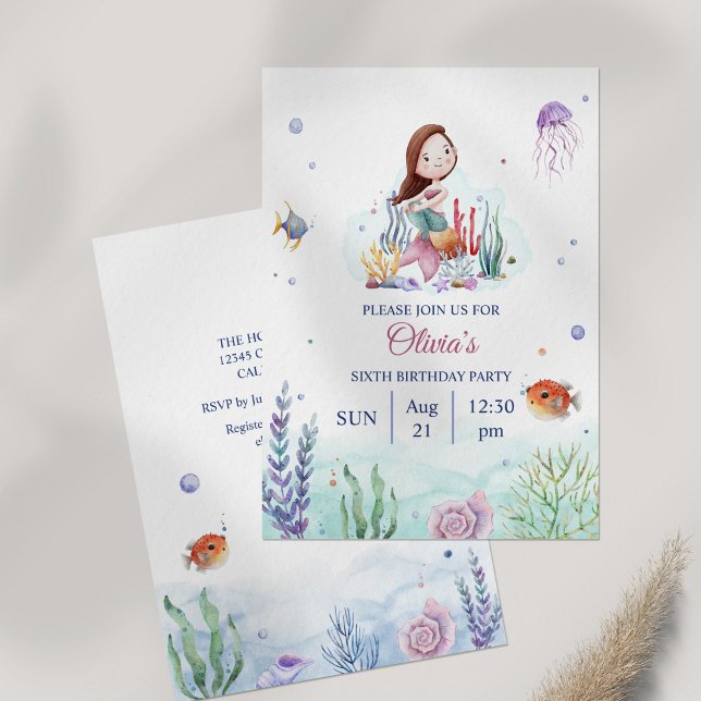 Convites Watercolor Meramaid Sealife Birthday (Watercolor Meramaid Sealife Birthday Invitation on table)