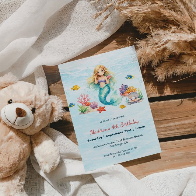 Convites Watercolor Mermaid Birthday Invitation (Criador carregado)